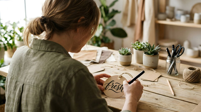 Creative artisan handcrafting seasonal wooden signage with natural elements, concept for sustainable branding and eco-friendly business marketing