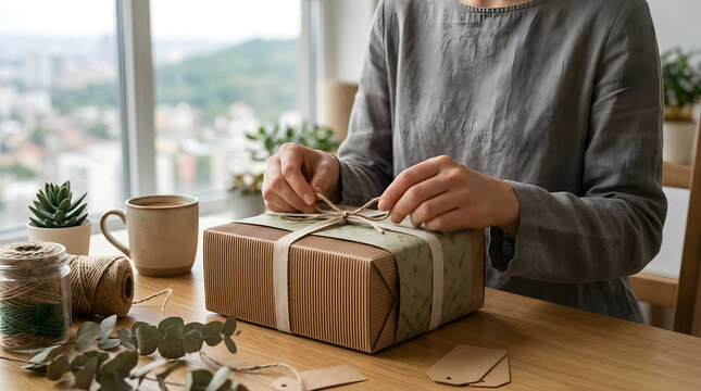 Eco-friendly gift wrapping hands tying seasonal package with natural elements, concept for sustainable branding and holiday marketing campaigns