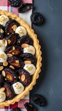 A flaky Quetschentaart plum tart with almond cream and edible gold, featuring a dried plum skin and red-white-blue linen edge motif against a deep purple background with vast copy space.