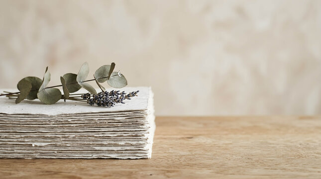 Elegant rustic wooden surface showcasing seasonal herbs and greenery, concept for sustainable branding and seasonal product marketing