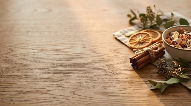 Warm rustic wooden surface showcasing handcrafted spice jars and fresh herbs, concept for sustainable branding and seasonal product marketing