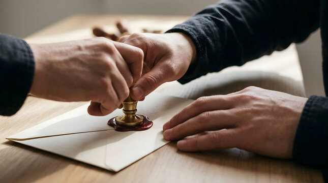Elegant hands sealing seasonal wax stamp on parchment paper, concept for sustainable branding and eco-friendly product launches