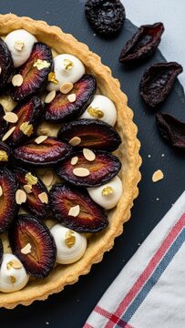 A flaky Quetschentaart plum tart with almond cream and edible gold, featuring a dried plum skin and red-white-blue linen edge motif against a deep purple background with vast copy space.