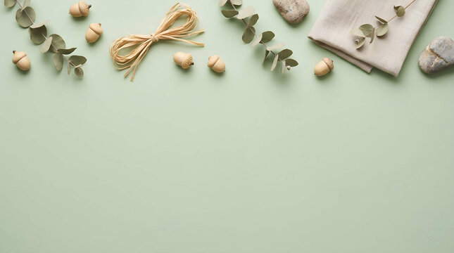 Elegant natural seasonal arrangement of dried botanicals and twine on pastel backdrop, concept for sustainable branding and eco-friendly product packaging design