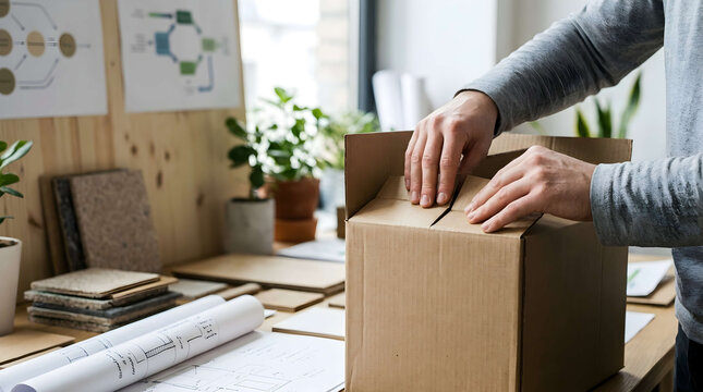 Eco-friendly cardboard box in hand with organized desk setup, concept for sustainable seasonal branding and small business packaging solutions