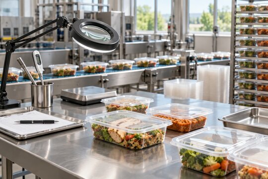 Modern stainless steel food prep station with portioned healthy meals, fresh vegetables, and salad bar in professional cafeteria kitchen under bright task lighting