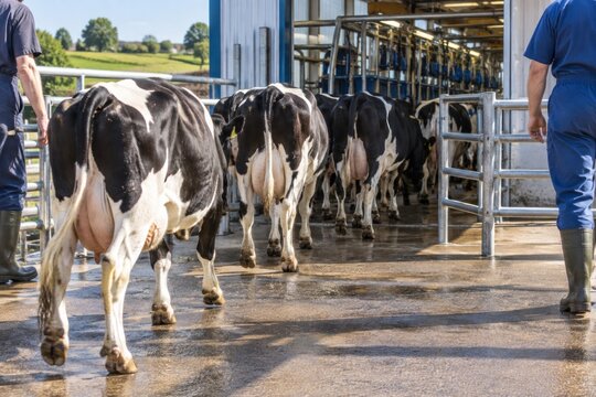 Dairy cows being milked in modern automated milking facility with professional farmer overseeing process, clean industrial setting