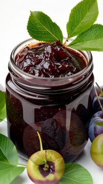 Plum Jam in a Jar: A close-up shot of a glass jar filled with rich, dark plum jam, adorned with fresh plum fruits and green leaves.