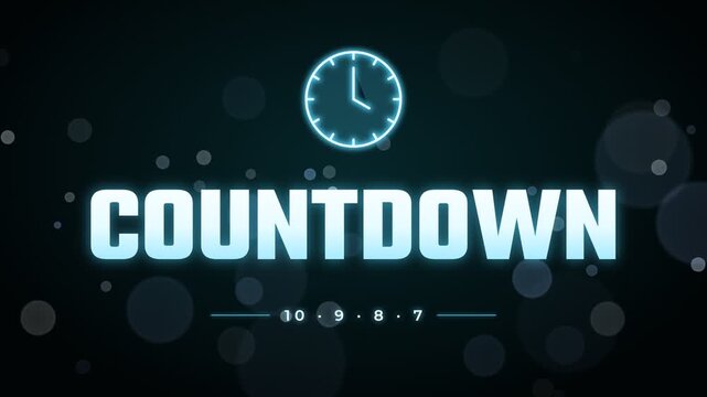 Digital countdown timer with glowing neon numbers and clock face on dark background with bokeh effects