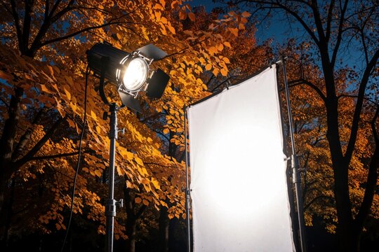 Pro film lighting setup with spotlight, large white diffuser screen in autumn park. Production gear on metal stands creates bright light against orange fall leaves. Cinema equipment used for outdoor