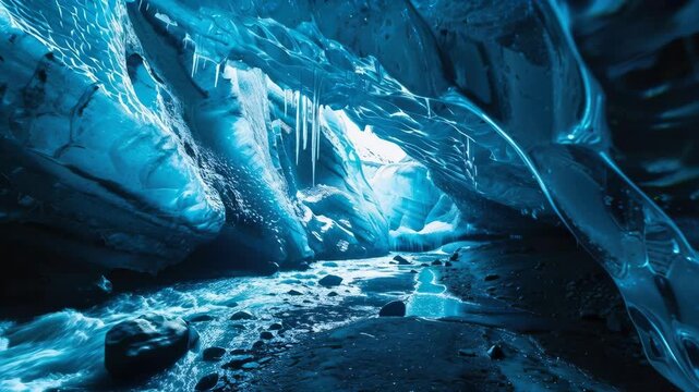 Deep Blue Ice Cave with Melting Water and Icicles
