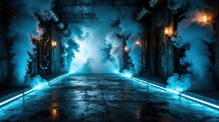 Fototapeta premium Futuristic cyberpunk corridor with blue neon light strips on wet concrete floor. Dark industrial tunnel filled with thick smoke, fog. Steampunk style pipes, dim lamps create moody atmosphere in empty