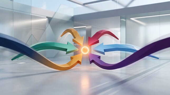Abstract colorful arrows converging to a central glowing point in