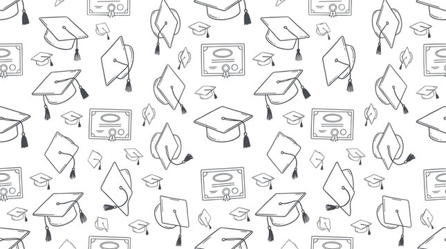Seamless pattern of hand-drawn graduation caps and diplomas on a white background, education theme for school and university events