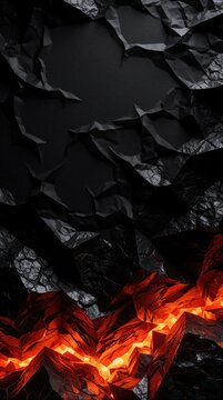 Abstract dark geometric texture with hot burning lava flow. Black crumpled stone surface cracks open to reveal glowing orange magma underneath. Minimalist monochrome background with fire heat,