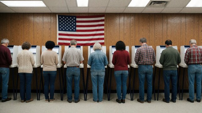 American citizens vote in polling station during US election. Diverse group of people stand at electronic voting machines to cast ballots. US flag hangs on wood wall in background. People exercise