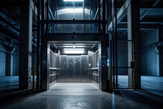 Empty industrial freight elevator inside large factory warehouse. Metal cargo lift platform stands open in dark concrete building. Heavy duty machinery for logistics, goods transportation in modern