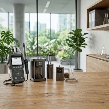 Modern Air Quality Monitoring Devices on a Wooden Table.