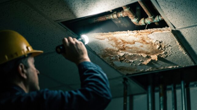 Facilities manager inspecting water damaged ceiling tile and corroded pipe fittings