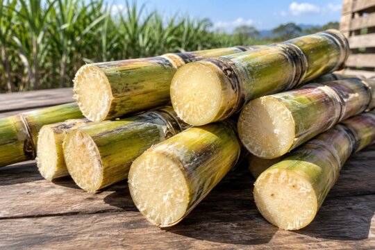 Freshly cut sugarcane stalks stacked on rustic wooden surface showcasing vibrant yellow pith, tropical agricultural harvest with natural sunlight