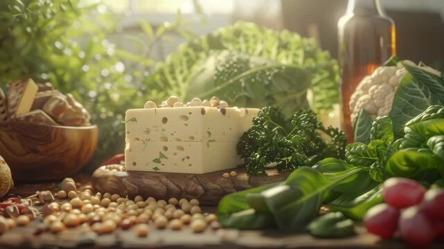 Gourmet Swiss Cheese Block on a Rustic Wood Platter with Fresh Greens