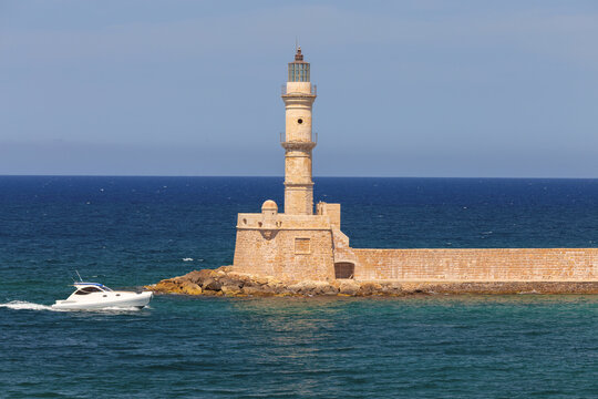 Chania Old Venetian Harbor and Lighthouse in Crete, Greece