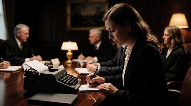 Court reporter takes notes during legal deposition in dark conference room. Female stenographer writes on paper near vintage typewriter. Lawyers, judges sit around large mahogany table for official