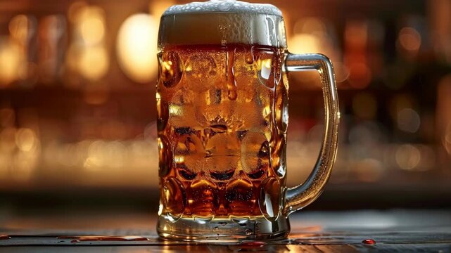 Frothy Amber Beer in a Chilled Glass Mug with Condensation