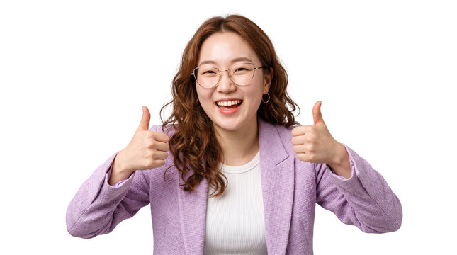 Smiling young Asian woman showing thumbs up gesture wearing purple blazer on transparent background