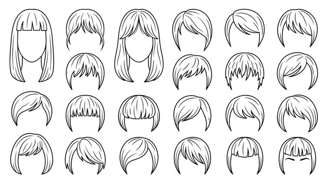 Vector illustration collection of various hair bangs and fringe styles for long hair, including curtain bangs, blunt cuts, side-swept fringe, and layered face-framing styles for women.