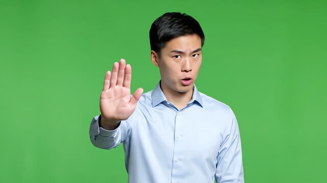 Young Asian Man Expresses Shock and Surprise on Green Screen