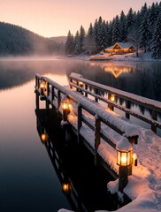 Fototapeta premium Snowy wooden pier with warm lanterns extends over calm lake at dawn. Winter landscape with pine forest, mountain under pink sunrise sky. Glowing lights reflect on still water surface near cozy cabin