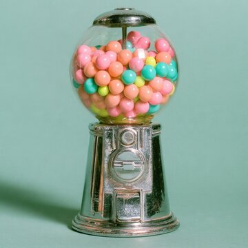 Vintage transparent gumball machine filled with colorful round candies against a faded mint-green background. The candy palette evokes playful 1980s and 1990s nostalgia.