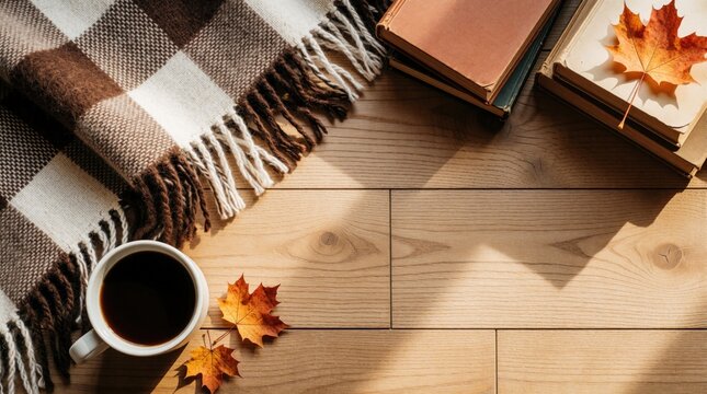 Cozy autumn flat lay on wooden floor. Checkered blanket, stack of old books, hot coffee mug, orange maple leaves. Warm seasonal decor for home relaxation. Top view of rustic lifestyle items in fall