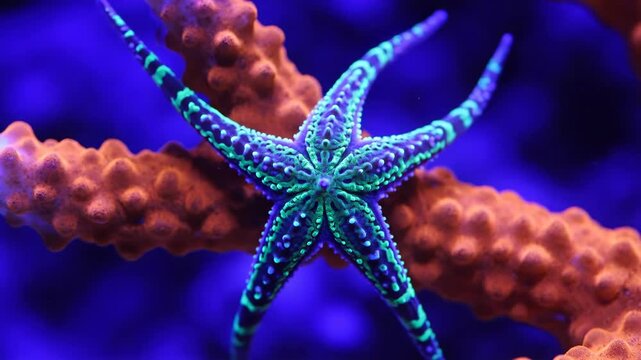 A blue and green starfish rests on orange coral underwater with vibrant blue lighting creating a surreal marine environment
