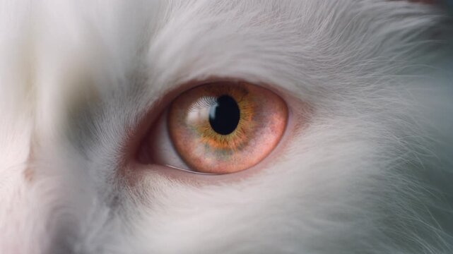 Extreme macro photorealistic footage of a cute Angora cat's eye, luminous rose-gold iris