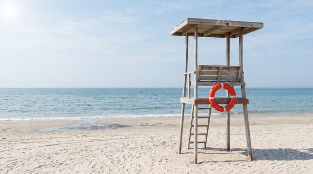 Public Safety: Empty lifeguard tower and rescue buoy stand ready beside calm sea