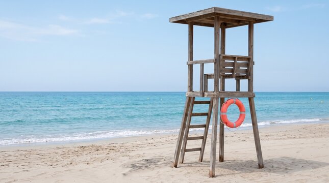 Beach Safety: Empty Lifeguard Tower Overlooking Calm Sea with Rescue Equipment