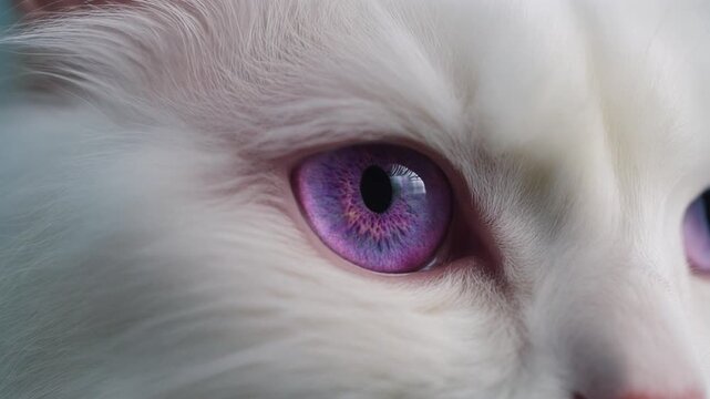 Extreme macro photorealistic footage of a cute Angora cat's eye, mesmerizing violet-purple iris