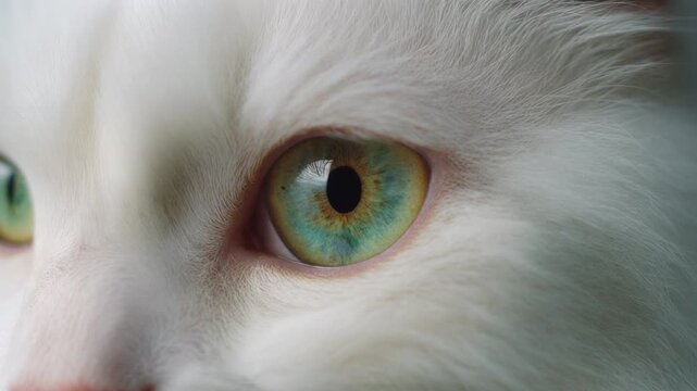 Extreme macro photorealistic footage of a cute Angora cat's eye, luminous emerald-green iris