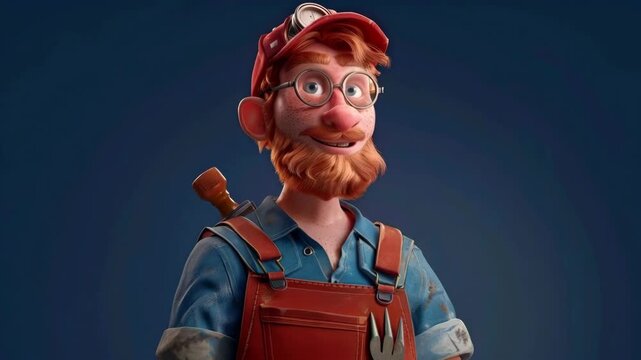 Friendly 3D Animated Inventor Character with Red Hair and Beard Wearing Overalls and Glasses