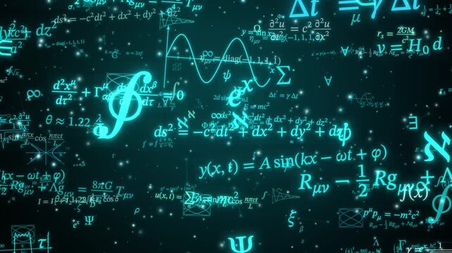 Glowing physics equations drift across a dark teal field of stars and particles