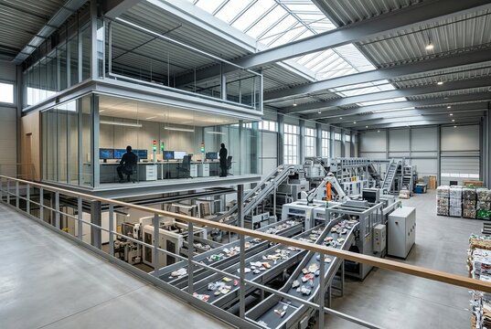 Modern industrial facility with automated production lines and office space.