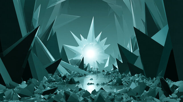 Teal Geometric Crystal Tunnel with a Glowing Center
