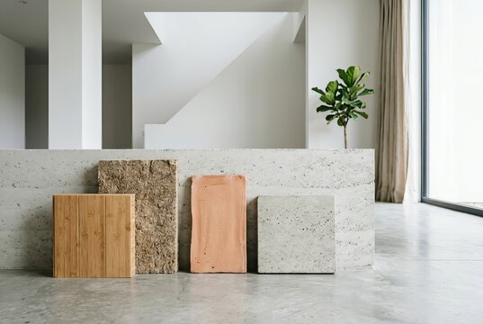 Modern Interior Design Samples Displayed in Minimalist Architectural Space.