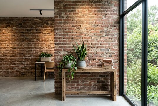 Modern Interior Design with Exposed Brick and Large Window.