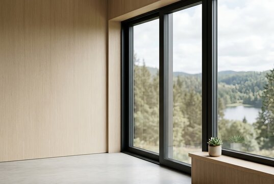 Modern Interior with Large Window Overlooking a Serene Lake and Forest.