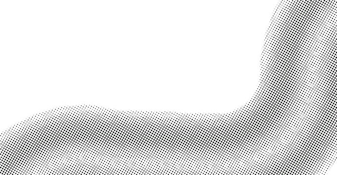 Abstract black and white halftone pattern with a curved gradient flow, dotted texture on a plain white background