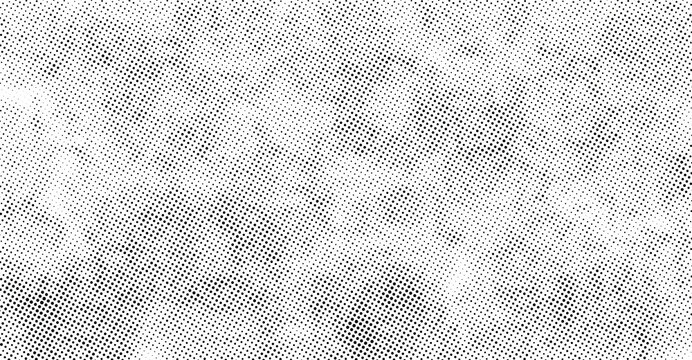 Black and white halftone dot pattern texture, distressed monochrome background, with varying density, of circular points, and grainy noise