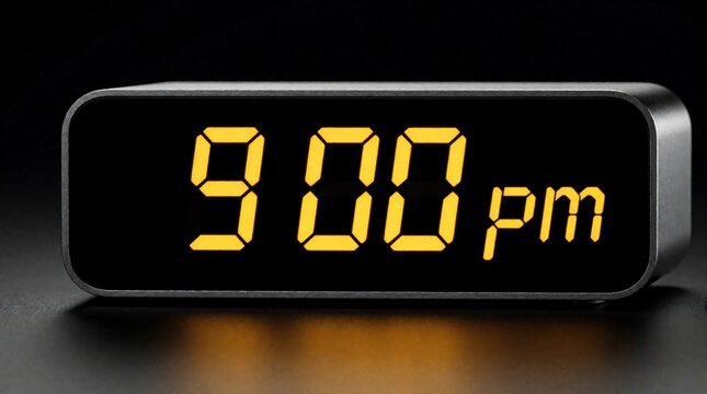 Modern digital clock shows 9 00 pm in bright yellow on black screen. Sleek electronic timer device with minimalist design sits on dark surface. Contemporary LED display tells time for night routine